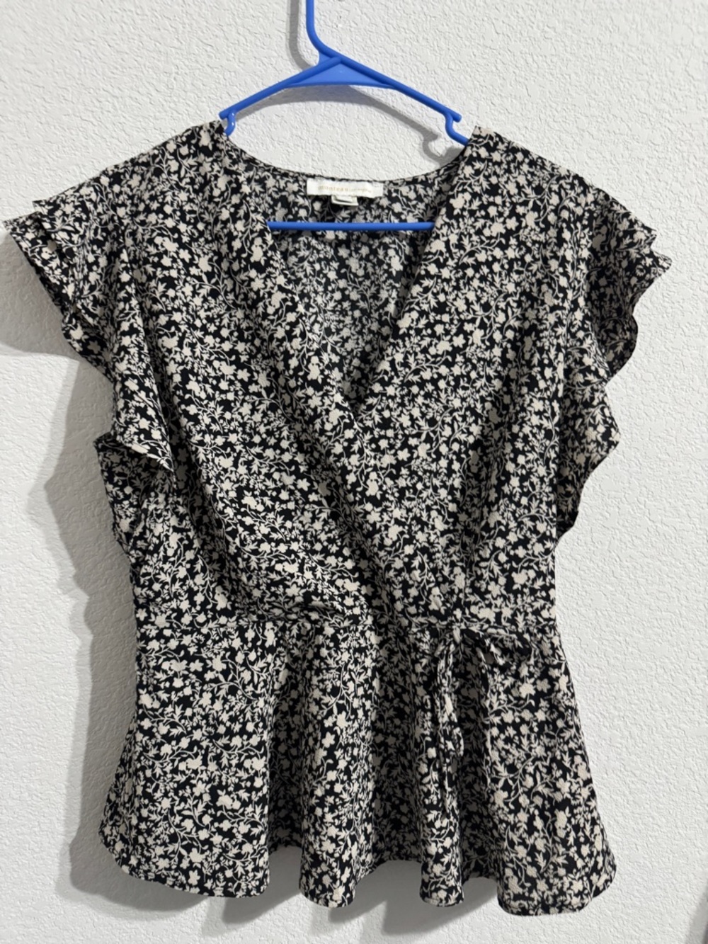 Monteau Black Floral Wrap Blouse with Cream Print